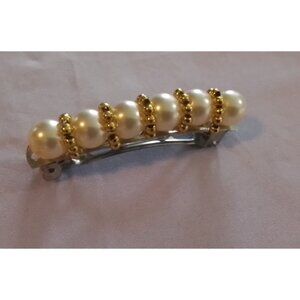 Vintage Faux Pearl & Gold Tone Beaded Hair Clip Barrette